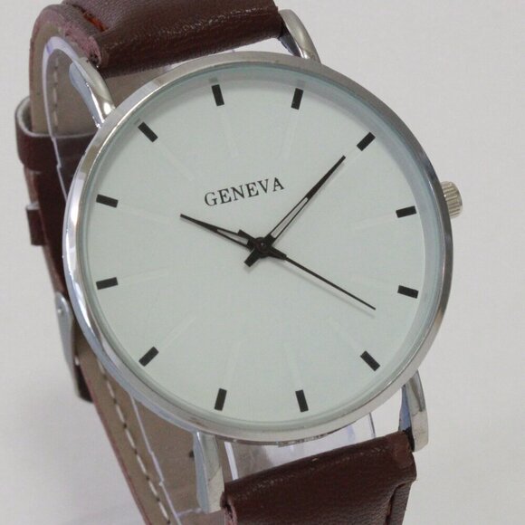 Men's Minimalist Fashion Watch Silver Case White Dial Brown Strap 40mm - Picture 8 of 14